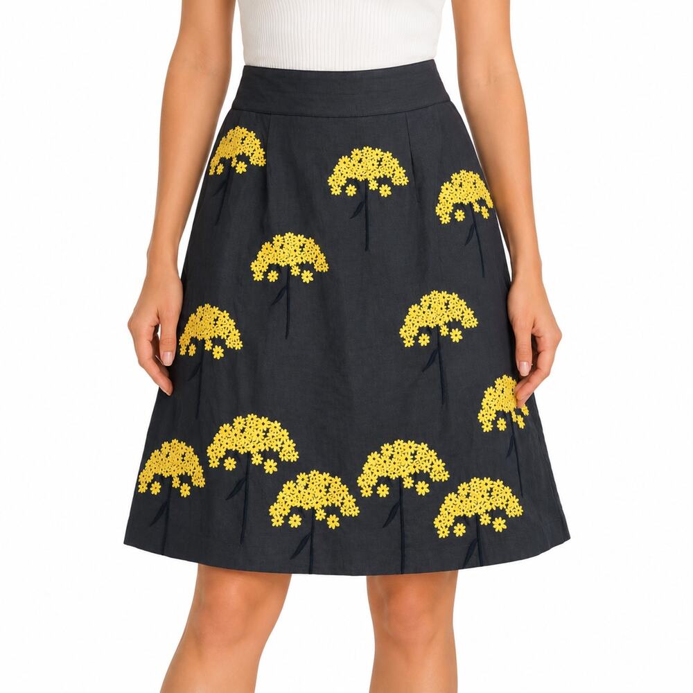 Floreat Anthropologie Womens 10 Black Yellow Floral Embroidered Cotton Skirt NEW